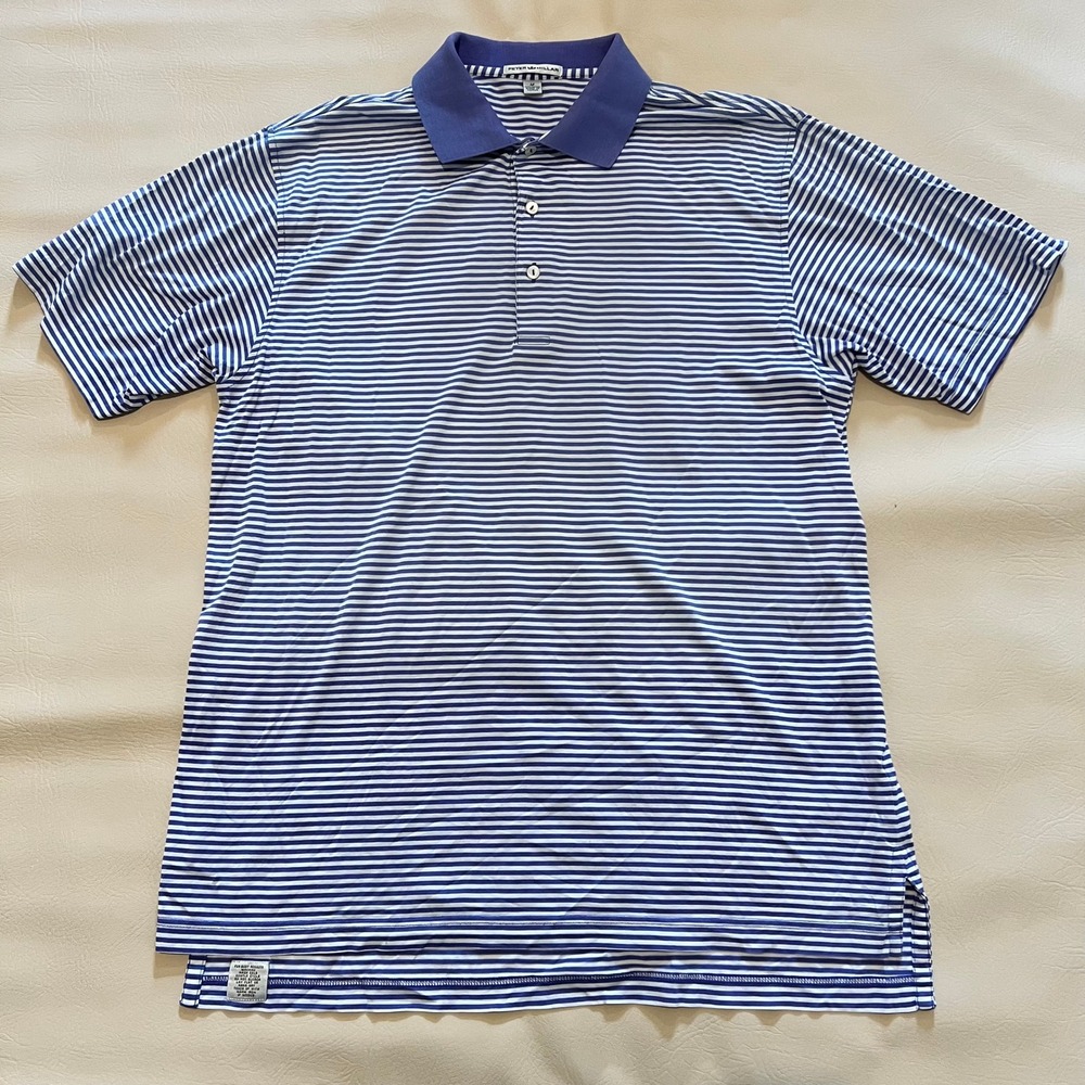Peter Millar Mens Polo Shirt Size M Blue White Striped Golf Casual Short Sleeve